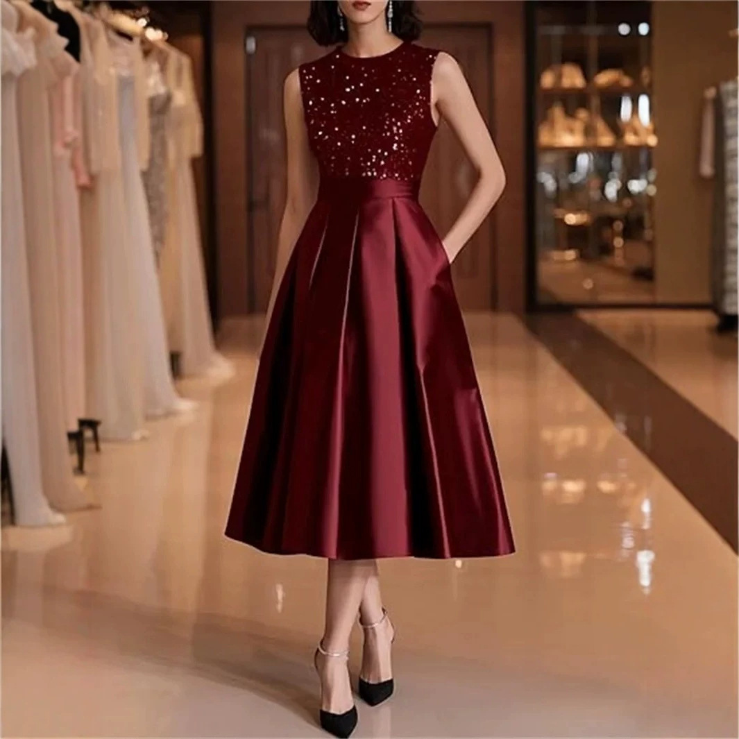 Burgundy Sequin Satin Midi Dre - Midi Dress 评论和价格