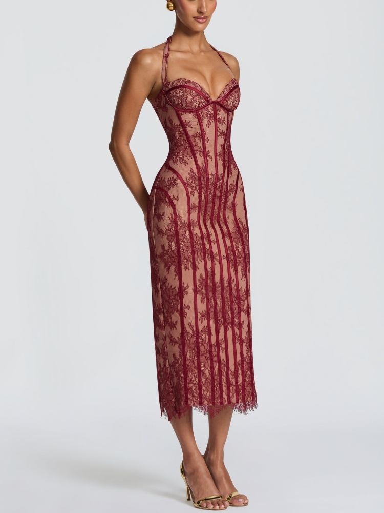 Halter Sweetheart Burgundy Lac - Midi Dress 评论和价格